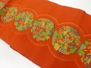 縮緬地型染変わり丸文に葉・実・鳥模様名古屋帯